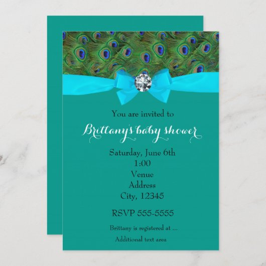 ピーコックアニマルプリントティール(緑がかった色)ターコイズボウ招待状 招待状 (正面/裏面)
