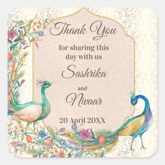 ピーコックアラビアパターンインディアン結婚式の引き出物ギフト スクエアシール (正面)