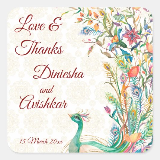 ピーコックアラビアパターンインディアン結婚式の引き出物ギフト スクエアシール (正面)