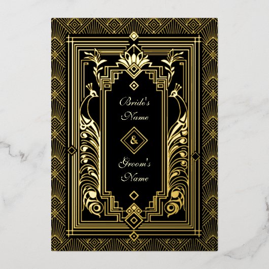 ピーコックアールデコ実在結婚式招待状ゴールドフォイル 箔招待状 (正面)