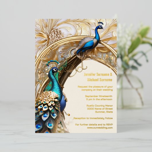 ピーコックアールヌーボーヴィンテージインディアン装飾シック 箔招待状 (立ち正面)
