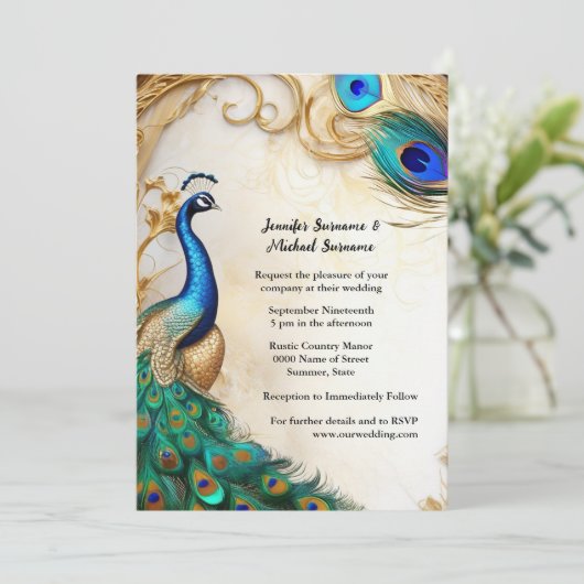 ピーコックアールヌーボー羽毛ラグジュアリーインディアンバード 招待状 (スタンド正面)