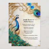 ピーコックアールヌーボー羽毛ラグジュアリーインディアンバード 招待状 (正面/裏面)