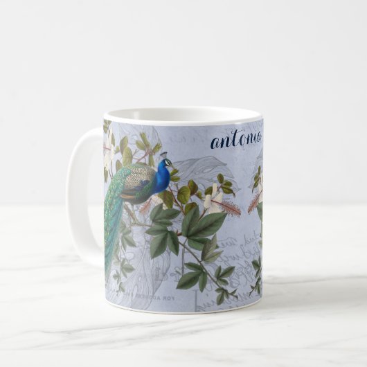 ピーコックエフェメラブルーエレガントヴィンテージグラフィックアート コーヒーマグカップ (正面左)