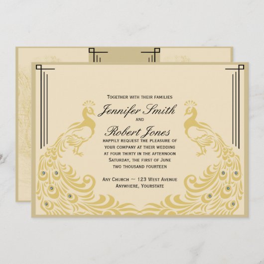 ピーコックエレガンスアールデコしゃれている結婚式招待状 招待状 (正面/裏面)