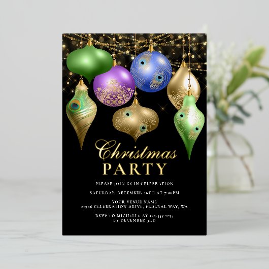 ピーコックエレガントオーナメントクリスマスパーティー 箔招待状 (立ち正面)