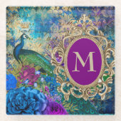 ピーコックエレガントヴィンテージパープルティール（緑がかった色）金ゴールドモノグラム ガラスコースター (正面)