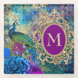 ピーコックエレガントヴィンテージパープルティール（緑がかった色）金ゴールドモノグラム ガラスコースター