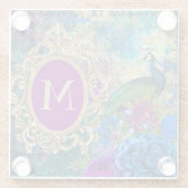 ピーコックエレガントヴィンテージパープルティール（緑がかった色）金ゴールドモノグラム ガラスコースター (裏面)