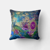 ピーコックエレガントヴィンテージパープルティール（緑がかった色）金ゴールドモノグラム クッション (裏面)