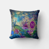 ピーコックエレガントヴィンテージパープルティール（緑がかった色）金ゴールドモノグラム クッション (正面)