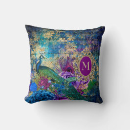 ピーコックエレガントヴィンテージパープルティール（緑がかった色）金ゴールドモノグラム クッション