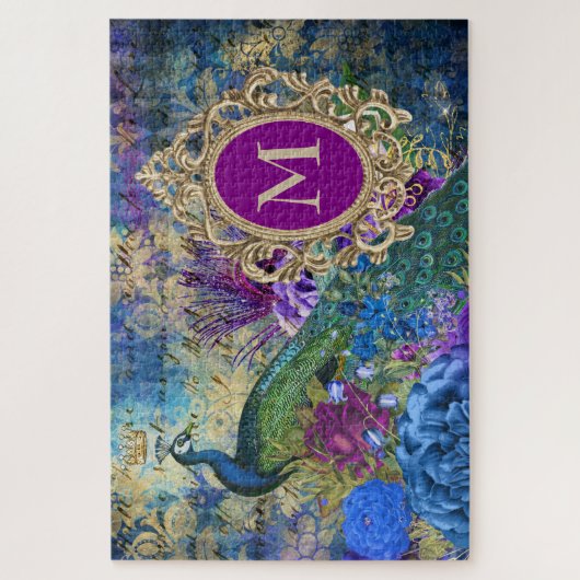 ピーコックエレガントヴィンテージパープルティール（緑がかった色）金ゴールドモノグラム ジグソーパズル (縦)