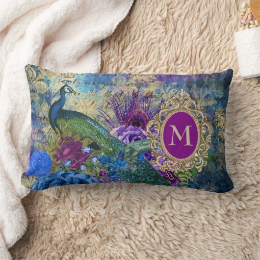 ピーコックエレガントヴィンテージパープルティール（緑がかった色）金ゴールドモノグラム ランバークッション (ブランケット)