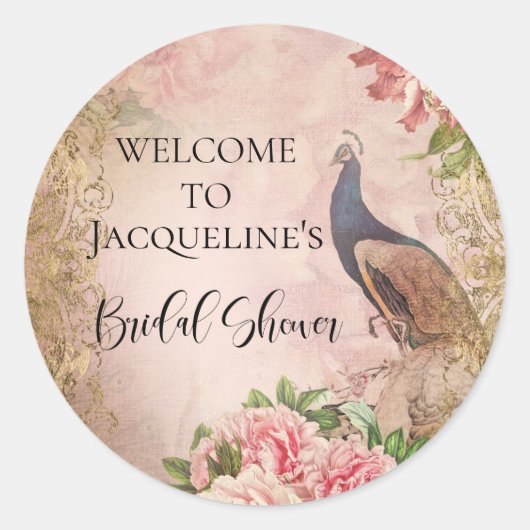 ピーコックエレガントヴィンテージピンクピーニーブライダルシャワー ラウンドシール (正面)