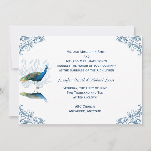 ピーコックガーデンインブルーホワイト結婚式招待状 招待状 (正面)