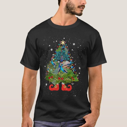 ピーコッククリスマスツリーライトキュートサンタハット Tシャツ (正面)