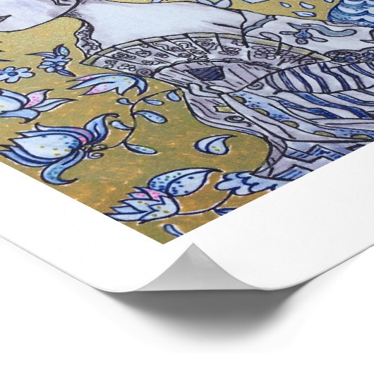 ピーコックゴールデンとインクの女の子スケッチポートレート ポスター (角)