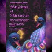 ピーコックジュエルトーンのウェディングフラワームーディーパープル 招待状