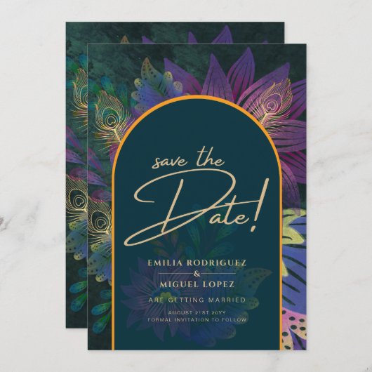 ピーコックジュエルトーングリーンブルー結婚ズ 招待状 (正面/裏面)