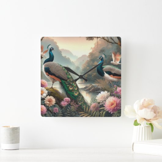 ピーコックスの壁時計と美しい熱帯雨林 スクエア壁時計 (ホーム)