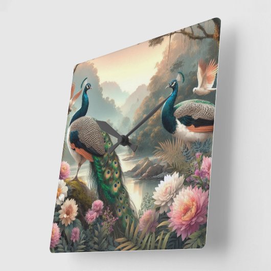 ピーコックスの壁時計と美しい熱帯雨林 スクエア壁時計 (傾斜)