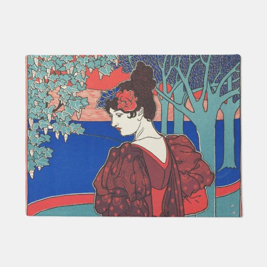 ピーコックス付き女性アールヌーボーヴィンテージファインアート ドアマット (正面)