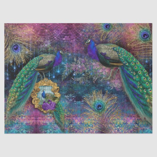 ピーコックス羽エレガント羽グリッターピンクデコパージュ 薄葉紙 (正面)