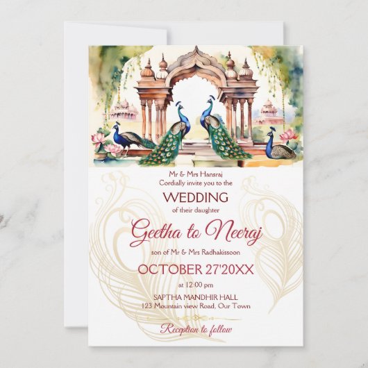 ピーコックス蓮結婚園インディアンテンプレート 招待状 (正面)