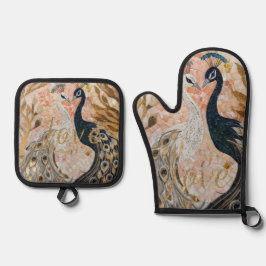 ピーコックス金ゴールドグリッターラブ赤面バラ 鍋つかみ&鍋敷きセット