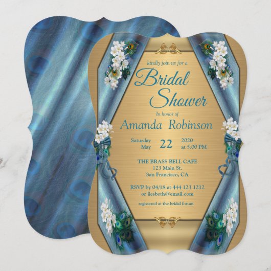 ピーコックス&エメラルドグリーンメタリックシルク&金ゴールド 招待状 (正面/裏面)