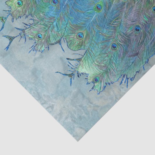 ピーコックダスティブルーティール（緑がかった色）ヴィンテージ羽根デコページ 薄葉紙 (詳細)