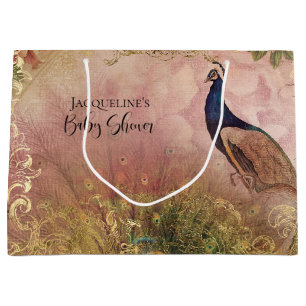 ピーコックチノイスリーピーニーフローラベビーガールシャワー ラージペーパーバッグ
