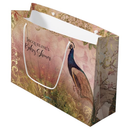 ピーコックチノイスリーピーニーフローラベビーガールシャワー ラージペーパーバッグ (正面アングル)