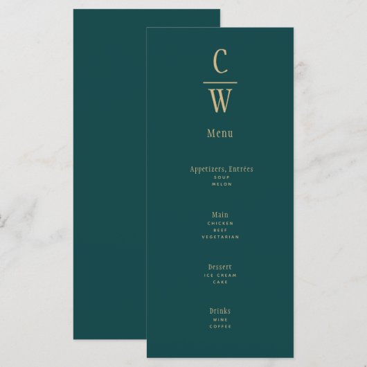 ピーコックティール（緑がかった色）グリーン結婚金ゴールドのメモノグラムのニュー メニュー (正面/裏面)