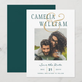 ピーコックティール（緑がかった色）グリーン金ゴールド写真Save the Date 招待状