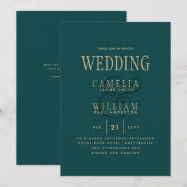 ピーコックティール（緑がかった色）グリーン金ゴールド結婚モノクロームズインビタ 招待状