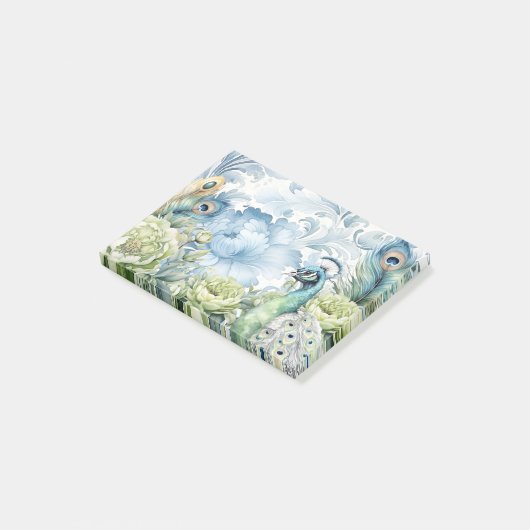 ピーコックティール(緑がかった色)&セージ羽根フローラダマスク ポストイット (アングル)