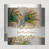 ピーコックティール（緑がかった色）ブルー金ゴールドエレガントパーティー 招待状 (正面/裏面)