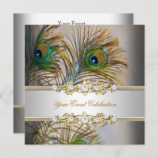ピーコックティール(緑がかった色)ブルー金ゴールドエレガントパーティー 招待状 (正面/裏面)