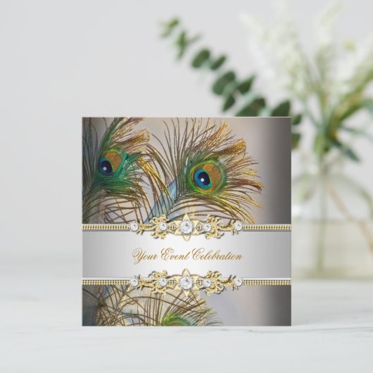 ピーコックティール(緑がかった色)ブルー金ゴールドエレガントパーティー 招待状 (スタンド正面)