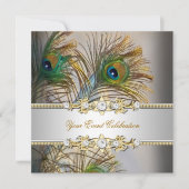 ピーコックティール(緑がかった色)ブルー金ゴールドエレガントパーティー 招待状 (正面)