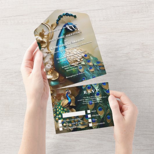 ピーコックテーマラグジュアリー3Dピーフクロウ結婚バードズ オールインワン招待状 (貼ってはがせる)