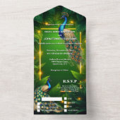 ピーコックテーマラグジュアリー3Dピーフクロウ金ゴールドブルー オールインワン招待状 (内側)