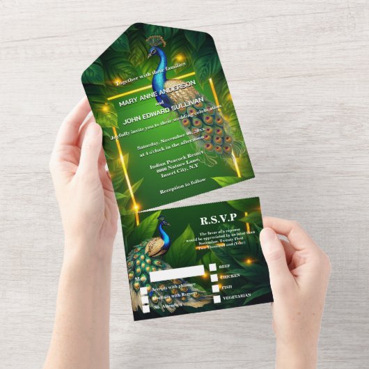 ピーコックテーマラグジュアリー3Dピーフクロウ金ゴールドブルー オールインワン招待状 (貼ってはがせる)