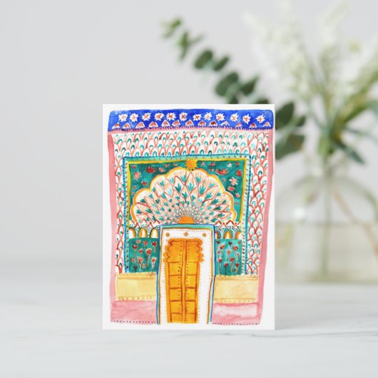 ピーコックドアウォーターカラージャイプールシティパレスピンク ポストカード (スタンド正面)