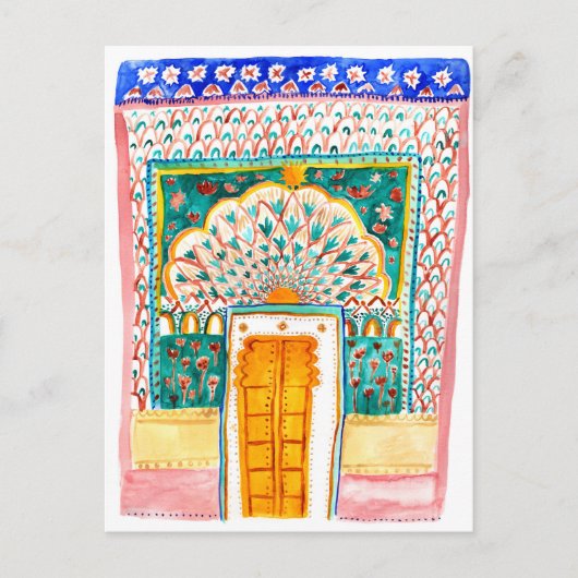ピーコックドアウォーターカラージャイプールシティパレスピンク ポストカード (正面)