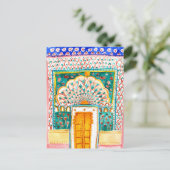 ピーコックドアウォーターカラージャイプールシティパレスピンク ポストカード (スタンド正面)