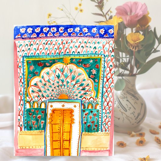 ピーコックドアウォーターカラージャイプールシティパレスピンク ポストカード