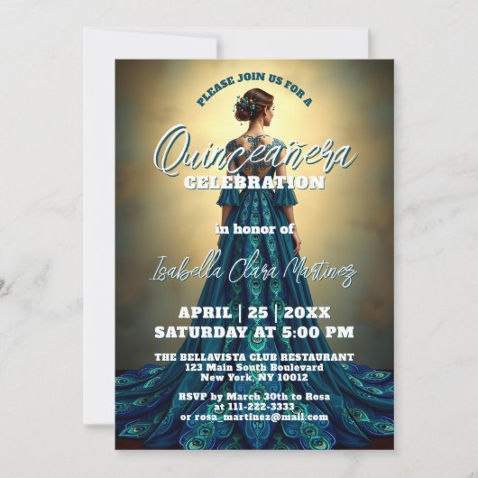 ピーコックドレエレガントスキンチェニェラお祝い 招待状 (正面)